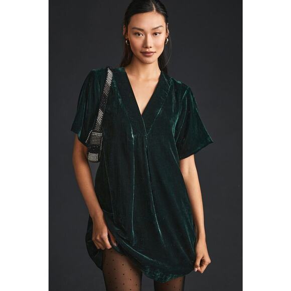 Anthropologie Green Sunday in Brooklyn V-Neck Velvet Mini Dress Size XL - Picture 2 of 16